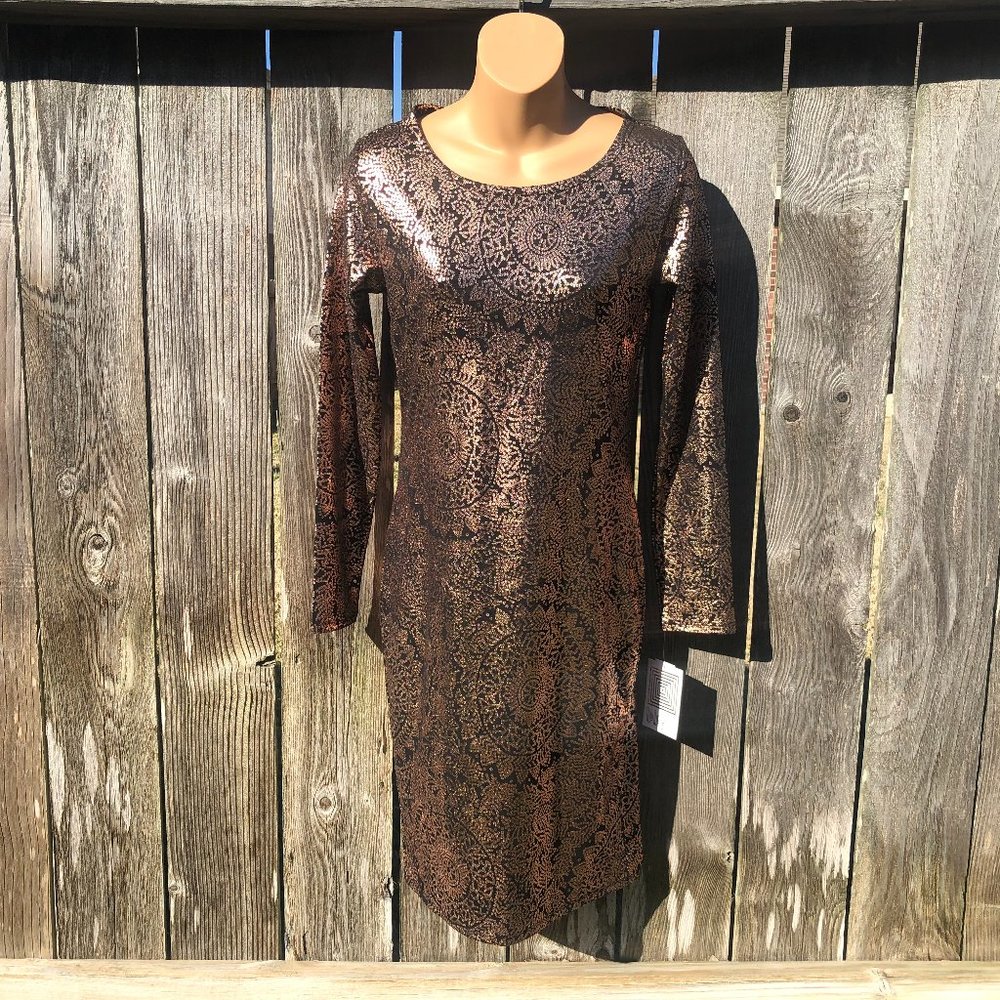 LuLaRoe Debbie Elegant Dress Copper Foil Metallic